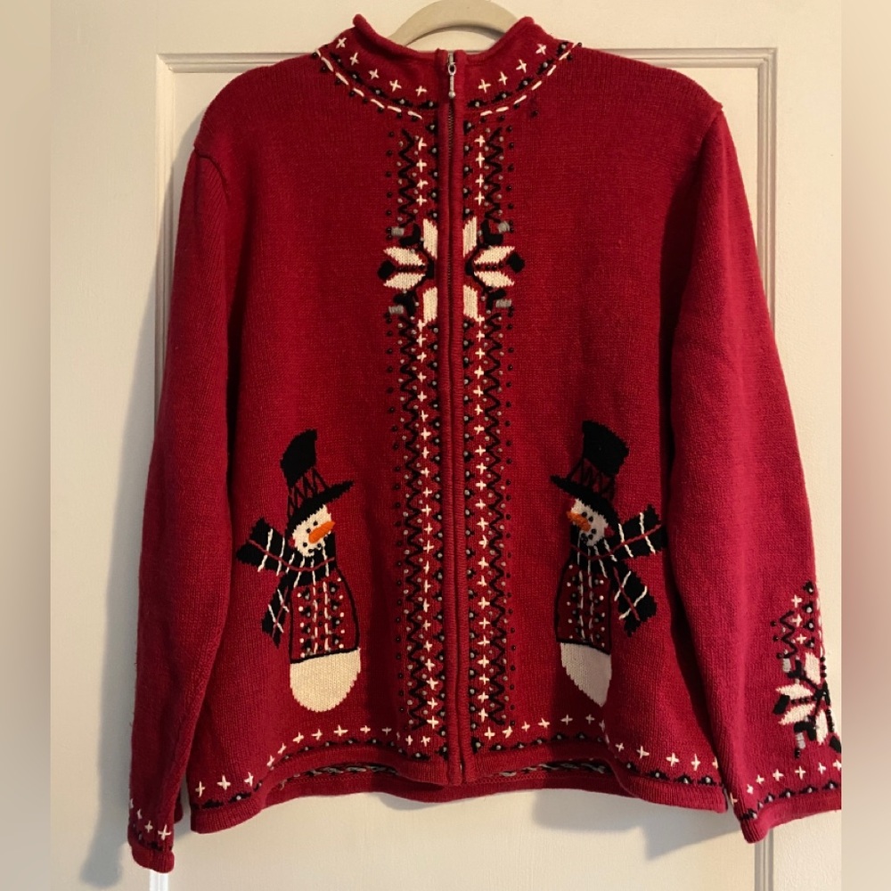 Vintage Timberlea Zip Up Christmas Sweater Snowman Beaded Size XL